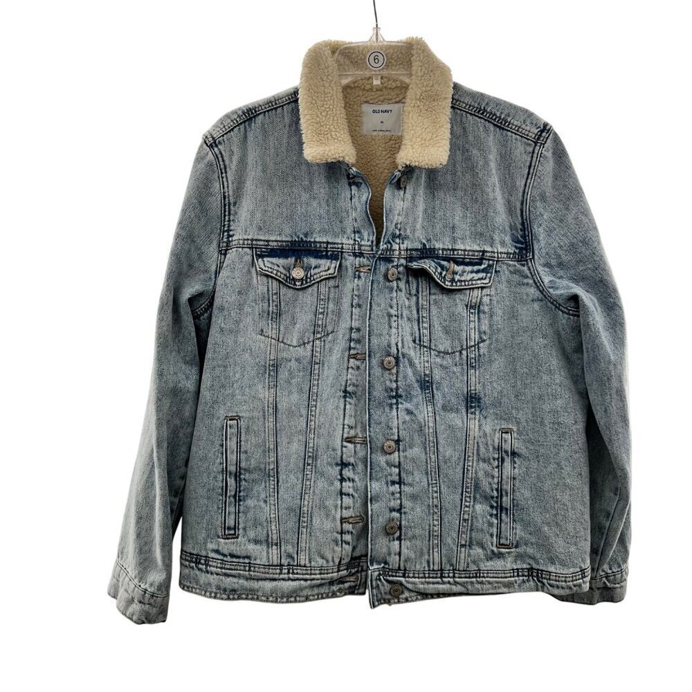 Old Navy Women's Denim Jacket Fleece Lining Button Up Blue/Cream Size XL